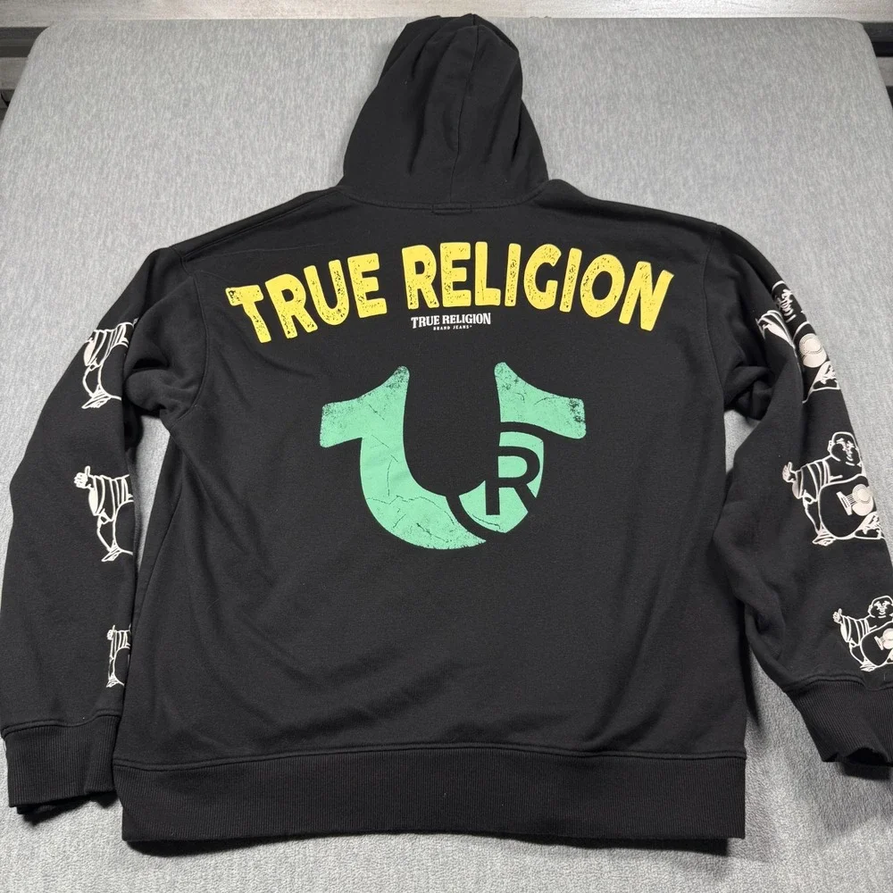 True Religion Hoodie Men XL Black Buddha Horseshoe Graphic Print Sweatshirt